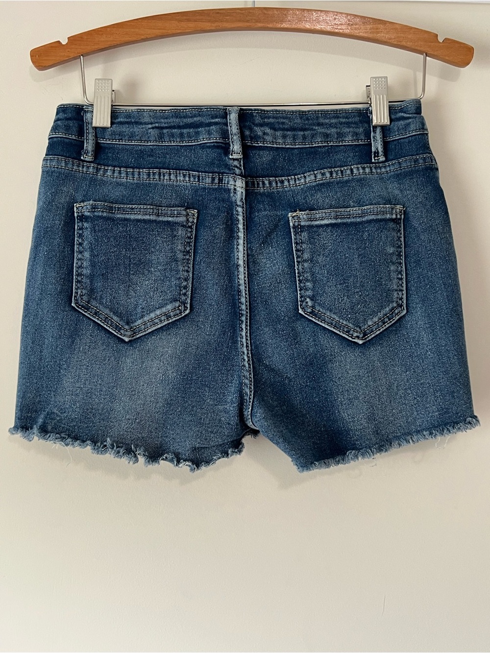 Stretch Denim Distressed Women’s Shorts - Dark Blue Wash - Picture 4 of 5